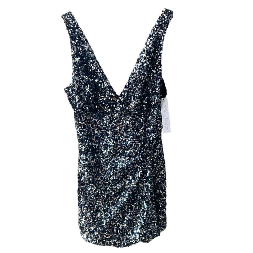 Koko + Mason NEW Sleeveless V Neck Sequin Romper - Black Silver - Medium